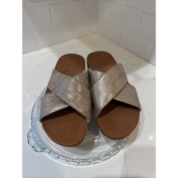 FitFlop Women Lulu Cross Slide Sandals Gold Shimmer Print Shoes Size 5 - Picture 1 of 13